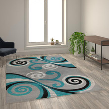 Valli Collection 6' x 9' Turquoise Abstract Area Rug - Olefin Rug with Jute Backing - Hallway, Entryway, Bedroom, Living Room [FLF-OKR-RG1100-69-TQ-GG]
