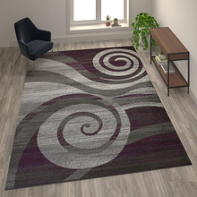 Cirrus Collection 5' x 7' Purple Swirl Patterned Olefin Area Rug with Jute Backing for Entryway, Living Room, Bedroom [FLF-OKR-RG1103-69-PU-GG]
