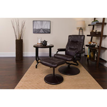 Contemporary Multi-Position Recliner and Ottoman with Wrapped Base in Brown LeatherSoft [FLF-BT-7862-BN-GG]