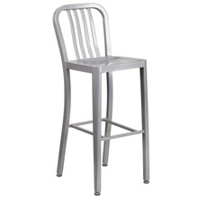 Commercial Grade 30" High Silver Metal Indoor-Outdoor Barstool with Vertical Slat Back