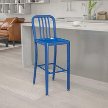 Gael Commercial Grade 30" High Blue Metal Indoor-Outdoor Barstool with Vertical Slat Back [FLF-CH-61200-30-BL-GG]