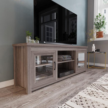 Sheffield Classic TV Stand up to 80" TVs - Gray Wash Oak Finish with Full Glass Doors  - 65" Engineered Wood Frame - 3 Shelves [FLF-GC-MBLK65-GY-GG]