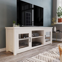 Sheffield Classic TV Stand up to 80" TVs - Modern White Wash Finish with Full Glass Doors  - 65" Engineered Wood Frame - 3 Shelves [FLF-GC-MBLK65-WH-GG]