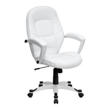 Mid-Back White LeatherSoft Tapered Back Executive Swivel Office Chair with White Base and Arms [FLF-QD-5058M-WHITE-GG]