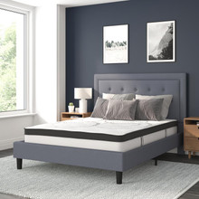 Roxbury Queen Size Tufted Upholstered Platform Bed in Light Gray Fabric with 10 Inch CertiPUR-US Certified Pocket Spring Mattress [FLF-SL-BM10-27-GG]