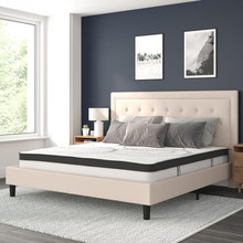 Roxbury King Size Tufted Upholstered Platform Bed in Beige Fabric with 10 Inch CertiPUR-US Certified Pocket Spring Mattress [FLF-SL-BM10-20-GG]