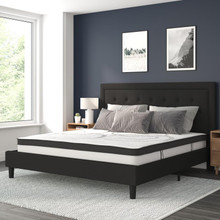 Roxbury King Size Tufted Upholstered Platform Bed in Black Fabric with 10 Inch CertiPUR-US Certified Pocket Spring Mattress [FLF-SL-BM10-24-GG]