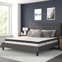 Roxbury King Size Tufted Upholstered Platform Bed in Dark Gray Fabric with 10 Inch CertiPUR-US Certified Pocket Spring Mattress [FLF-SL-BM10-32-GG]