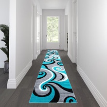 Athos Collection 3' x 16' Turquoise Abstract Area Rug - Olefin Rug with Jute Backing - Hallway, Entryway, or Bedroom [FLF-KP-RG952-316-TQ-GG]