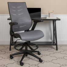 High Back Dark Gray Mesh Spine-Back Ergonomic Drafting Chair with Adjustable Foot Ring and Adjustable Flip-Up Arms [FLF-BL-ZP-809D-DKGY-GG]