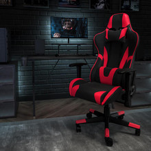 Black Gaming Desk and Red/Black Reclining Gaming Chair Set with Cup Holder, Headphone Hook, and Monitor/Smartphone Stand [FLF-BLN-X20RSG1031-RD-GG]