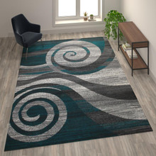 Cirrus Collection 8' x 10' Turquoise Swirl Patterned Olefin Area Rug with Jute Backing for Entryway, Living Room, Bedroom [FLF-OKR-RG1103-810-TQ-GG]