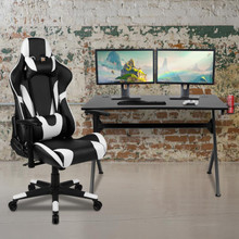 Black Gaming Desk and Black Reclining Gaming Chair Set with Cup Holder, Headphone Hook & 2 Wire Management Holes [FLF-BLN-X20D1904-BK-GG]