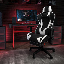 Red Gaming Desk and Black Footrest Reclining Gaming Chair Set with Cup Holder and Headphone Hook [FLF-BLN-X30RSG1030-BK-GG]