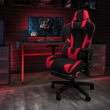 Red Gaming Desk and Red/Black Footrest Reclining Gaming Chair Set with Cup Holder and Headphone Hook [FLF-BLN-X30RSG1030-RD-GG]
