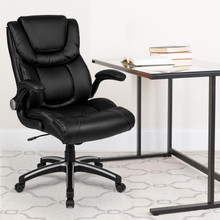 High Back Black LeatherSoft Executive Swivel Office Chair with Double Layered Headrest and Open Arms [FLF-BT-9896H-GG]