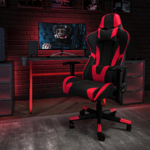 Red Gaming Desk and Red/Black Reclining Gaming Chair Set with Cup Holder and Headphone Hook [FLF-BLN-X20RSG1030-RD-GG]