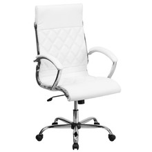 High Back Designer Quilted White LeatherSoft Executive Swivel Office Chair with Chrome Base and Arms [FLF-GO-1297H-HIGH-WHITE-GG]