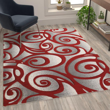 Willow Collection Modern High-Low Pile Swirled 5' x 7' Red Area Rug - Olefin Accent Rug - Entryway, Bedroom, Living Room [FLF-ACD-RG241-57-RD-GG]