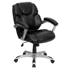 Mid-Back Black LeatherSoft Layered Upholstered Executive Swivel Ergonomic Office Chair with Silver Nylon Base and Arms [FLF-GO-931H-MID-BK-GG]