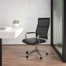 High Back Black Mesh Contemporary Executive Swivel Office Chair with LeatherSoft Seat [FLF-BT-20595H-3-BK-GG]