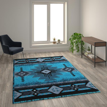 Mohave Collection 6' x 9' Turquoise Traditional Southwestern Style Area Rug - Olefin Fibers with Jute Backing [FLF-ACD-RGC318-69-TQ-GG]