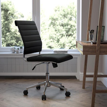 Mid-Back Armless Black LeatherSoft Contemporary Ribbed Executive Swivel Office Chair [FLF-BT-20595M-NA-BK-GG]