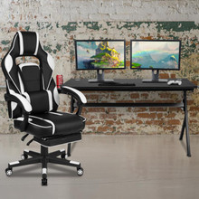 Gaming Desk with Cup Holder/Headphone Hook/Removable Mousepad Top & White Reclining Back/Arms Gaming Chair with Footrest [FLF-BLN-X40D1904L-WH-GG]
