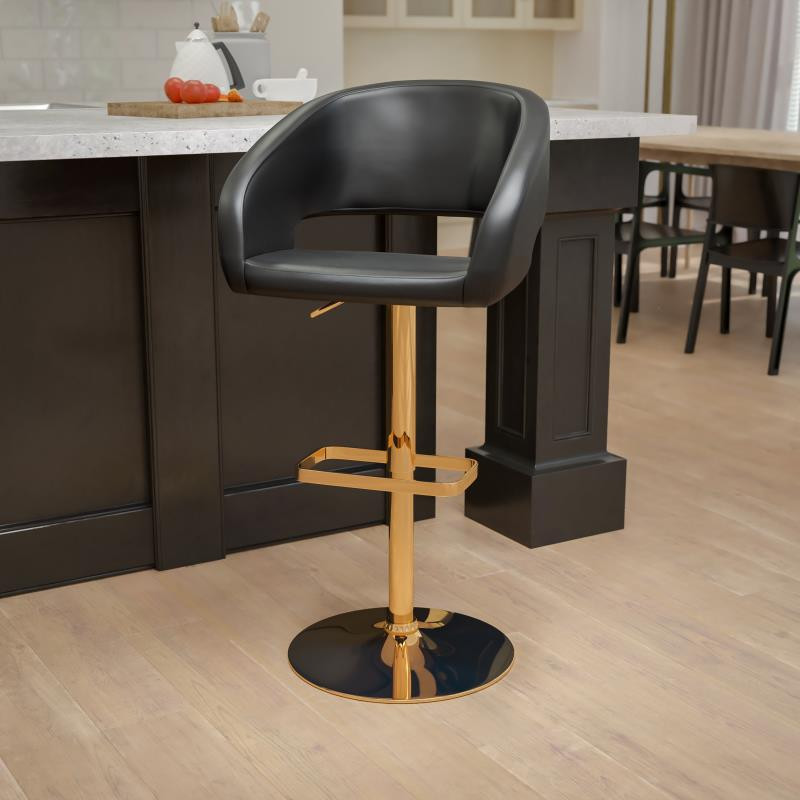 Flash Furniture Contemporary Vinyl Adjustable Height Barstool with Rounded Mid Back Gold Base Black