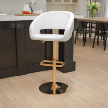Contemporary White Vinyl Adjustable Height Barstool with Rounded Mid-Back and Gold Base [FLF-CH-122070-WH-G-GG]