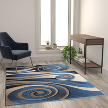 Coterie Collection 5' x 7' Modern Circular Patterned Indoor Area Rug - Blue and Beige Olefin Fibers with Jute Backing [FLF-ACD-RGRUL4-57-BL-GG]