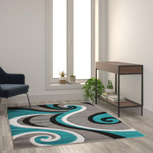 Athos Collection 5' x 7' Turquoise Abstract Area Rug - Olefin Rug with Jute Backing - Hallway, Entryway, or Bedroom [FLF-KP-RG952-57-TQ-GG]