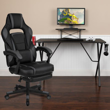 Black Gaming Desk with Cup Holder/Headphone Hook/Monitor Stand & Black Reclining Back/Arms Gaming Chair with Footrest  [FLF-BLN-X40RSG1031-BK-GG]