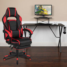 Black Gaming Desk with Cup Holder/Headphone Hook/Monitor Stand & Red Reclining Back/Arms Gaming Chair with Footrest  [FLF-BLN-X40RSG1031-RED-GG]