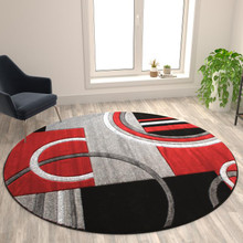 Audra Collection Round 8' x 8' Red Abstract Area Rug - Olefin Rug with Jute Backing - Entryway, Living Room, or Bedroom [FLF-KP-RG953-88-RD-GG]