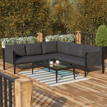 Lea Indoor/Outdoor Sectional with Cushions - Modern Steel Framed Chair with Dual Storage Pockets, Black with Charcoal Cushions [FLF-GM-201108-SEC-CH-GG]