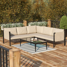 Lea Indoor/Outdoor Sectional with Cushions - Modern Steel Framed Chair with Dual Storage Pockets, Black with Beige Cushions [FLF-GM-201108-SEC-GY-GG]