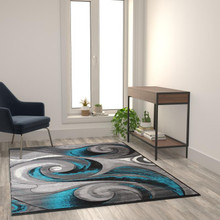 Tellus Collection 5' x 7' Olefin Turquoise Ocean Waves Pattern Area Rug with Jute Backing for Entryway, Living Room, Bedroom [FLF-ACD-RG410-57-TQ-GG]