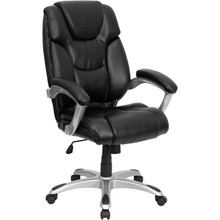 High Back Black LeatherSoft Layered Upholstered Executive Swivel Ergonomic Office Chair with Silver Nylon Base and Arms [FLF-GO-931H-BK-GG]