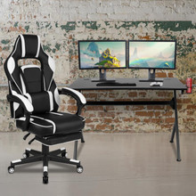 Black Gaming Desk with Cup Holder/Headphone Hook/2 Wire Management Holes & White Reclining Back/Arms Gaming Chair with Footrest  [FLF-BLN-X40D1904-WH-GG]