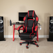 Red Gaming Desk with Cup Holder/Headphone Hook & Red Reclining Back/Arms Gaming Chair with Footrest [FLF-BLN-X40RSG1030-RED-GG]