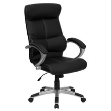 High Back Black LeatherSoft Executive Swivel Office Chair with Curved Headrest and White Line Stitching [FLF-H-9637L-1C-HIGH-GG]