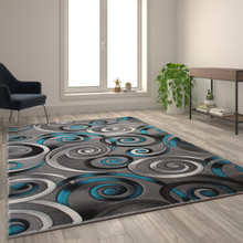 Masie Collection 6' x 9' Turquoise Swirl Olefin Area Rug with Jute Backing - Entryway, Living Room, Bedroom [FLF-ACD-RG414-69-TQ-GG]