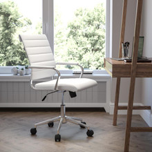 Mid-Back White LeatherSoft Contemporary Ribbed Executive Swivel Office Chair [FLF-BT-20595M-1-WH-GG]