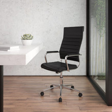 High Back Black LeatherSoft Contemporary Ribbed Executive Swivel Office Chair [FLF-BT-20595H-1-BK-GG]