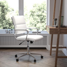 Mid-Back White LeatherSoft Contemporary Panel Executive Swivel Office Chair [FLF-BT-20595M-2-WH-GG]