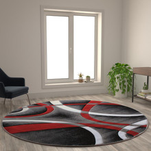 Atlan Collection 8' x 8' Red Round Abstract Area Rug - Olefin Rug with Jute Backing - Entryway, Living Room or Bedroom [FLF-KP-RG951-88-RD-GG]