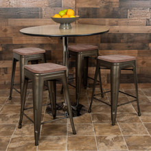 24" High Metal Counter-Height, Indoor Bar Stool with Wood Seat in Gun Metal Gray - Stackable Set of 4 [FLF-4-ET-31320W-24-GN-R-GG]