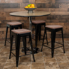 24" High Metal Counter-Height, Indoor Bar Stool with Wood Seat in Black - Stackable Set of 4 [FLF-4-ET-31320W-24-BK-R-GG]