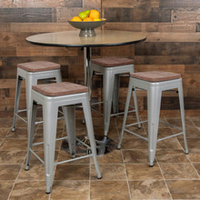 24" High Metal Counter-Height, Indoor Bar Stool with Wood Seat in Silver - Stackable Set of 4 [FLF-4-ET-31320W-24-SV-R-GG]